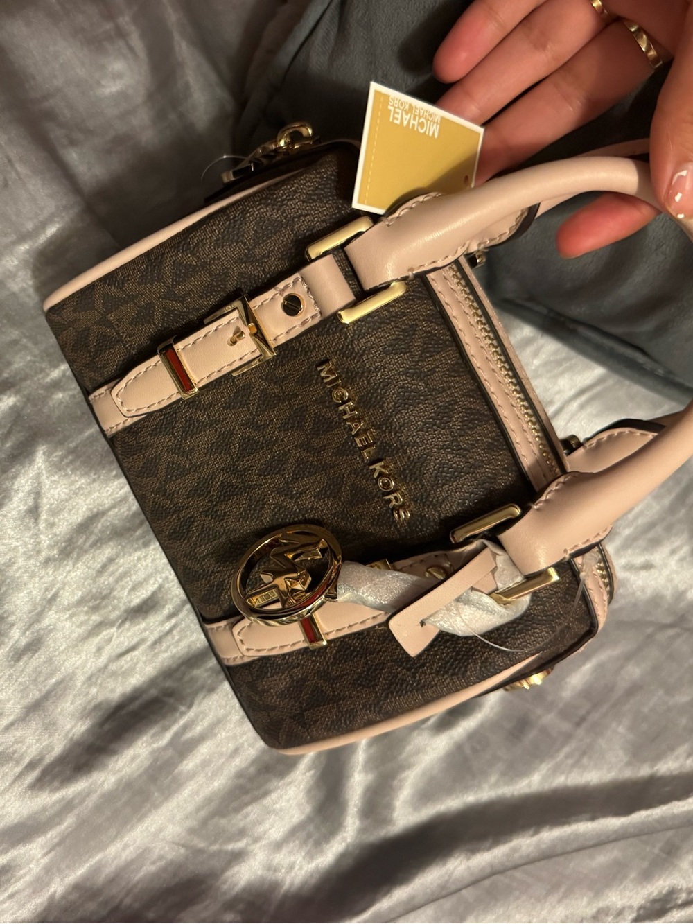 Michael Kors Brown Signature Mini Satchel with Blush Trim